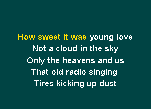 How sweet it was young love
Not a cloud in the sky

Only the heavens and us
That old radio singing
Tires kicking up dust