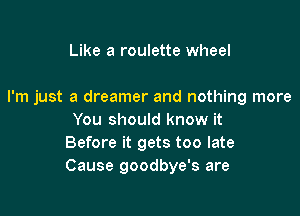 Like a roulette wheel

I'm just a dreamer and nothing more

You should know it
Before it gets too late
Cause goodbye's are