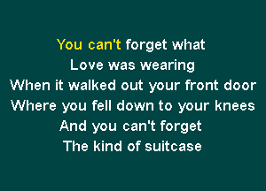 You can't forget what
Love was wearing
When it walked out your front door
Where you fell down to your knees
And you can't forget
The kind of suitcase