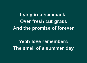 Lying in a hammock
Over fresh cut grass
And the promise of forever

Yeah love remembers
The smell of a summer day