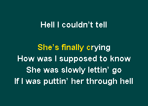 Hell I couldnT tell

She s finally crying

How was I supposed to know
She was slowly lettin go
lfl was puttin' her through hell