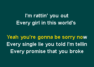 I'm rattin' you out
Every girl in this world's

Yeah you're gonna be sorry now
Every single lie you told I'm tellin
Every promise that you broke