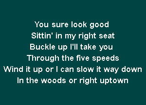 You sure look good
Sittin' in my right seat
Buckle up I'll take you

Through the five speeds
Wind it up or I can slow it way down
In the woods or right uptown