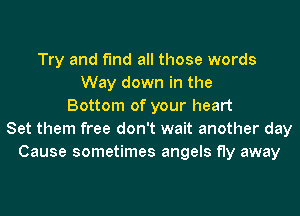 Try and find all those words
Way down in the
Bottom of your heart
Set them free don't wait another day
Cause sometimes angels fly away