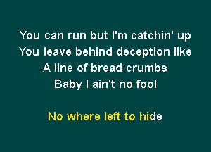 You can run but I'm catchin' up
You leave behind deception like
A line of bread crumbs

Baby I ain't no fool

No where left to hide