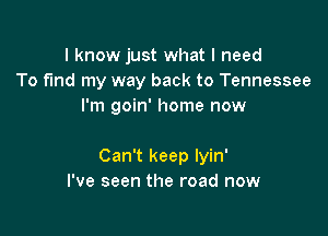 I know just what I need
To fmd my way back to Tennessee
I'm goin' home now

Can't keep lyin'
I've seen the road now