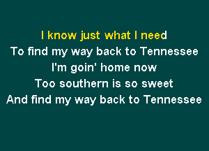 I know just what I need
To fmd my way back to Tennessee
I'm goin' home now

Too southern is so sweet
And find my way back to Tennessee