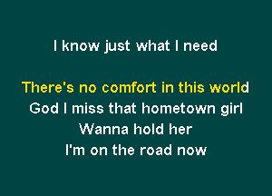 I know just what I need

There's no comfort in this world

God I miss that hometown girl
Wanna hold her
I'm on the road now