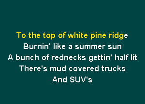 To the top of white pine ridge
Burnin' like a summer sun

A bunch of rednecks gettin' half lit
There's mud covered trucks
And SUV's