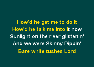 How'd he get me to do it
How'd he talk me into it now

Sunlight on the river glistenin'
And we were Skinny Dippin'

Bare white tushes Lord