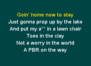 Goin' home now to stay
Just gonna prop up by the lake
And put my ah in a lawn chair

Toes in the clay
Not a worry in the world
A PBR on the way