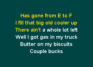 Has gone from E to F
I fill that big old cooler up
There ain't a whole lot left

Well I got gas in my truck
Butter on my biscuits
Couple bucks