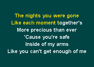 The nights you were gone
Like each moment together's
More precious than ever
'Cause you're safe
Inside of my arms
Like you can't get enough of me