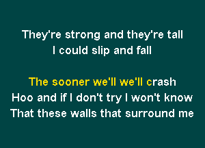 They're strong and they're tall
I could slip and fall

The sooner we'll we'll crash
H00 and ifl don't try I won't know
That these walls that surround me