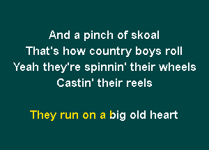 And a pinch of skoal
That's how country boys roll
Yeah they're spinnin' their wheels
Castin' their reels

They run on a big old heart