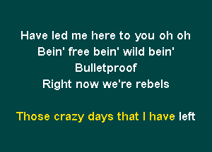 Have led me here to you oh oh
Bein' free bein' wild bein'
Bulletproof
Right now we're rebels

Those crazy days that l have left
