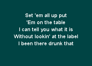 Set 'em all up put
'Em on the table
I can tell you what it is

Without lookin' at the label
I been there drunk that