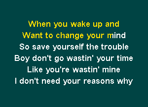 When you wake up and
Want to change your mind
So save yourself the trouble

Boy don't go wastin' your time

Like you're wastin' mine

I don't need your reasons why