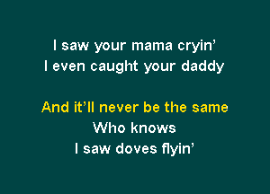 I saw your mama cryinI
I even caught your daddy

And ith never be the same
Who knows
I saw doves fIyinI