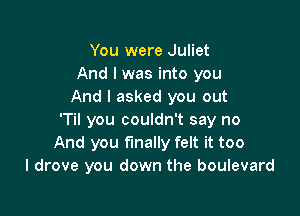 You were Juliet
And I was into you
And I asked you out

'Til you couldn't say no
And you finally felt it too
I drove you down the boulevard