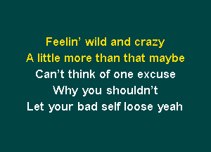 Feelint wild and crazy
A little more than that maybe
Cantt think of one excuse

Why you shouldnT
Let your bad self loose yeah