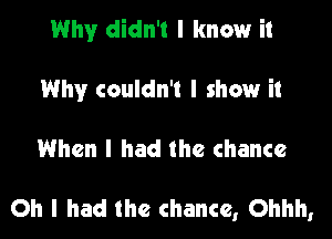 Why didn't I know it
Why couldn't I show it

When I had the chance

Oh I had the chance, Ohhh,