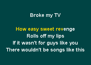 Broke my TV

How easy sweet revenge

Rolls off my lips
If it wasn't for guys like you
There wouldn't be songs like this