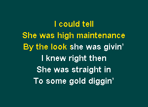 I could tell
She was high maintenance
By the look she was giviw

I knew right then
She was straight in
To some gold diggiw