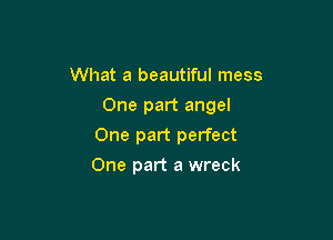 What a beautiful mess

One part angel

One part perfect
One part a wreck