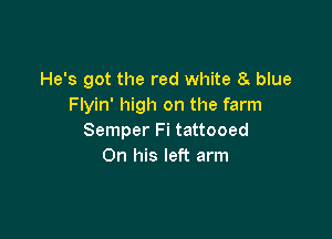 He's got the red white 8g blue
Flyin' high on the farm

Semper Fi tattooed
On his left arm
