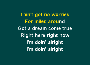 I ain't got no worries
For miles around
Got a dream come true

Right here right now
I'm doin alright
I'm doin alright