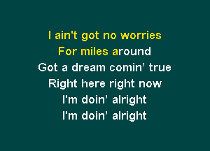 I ain't got no worries
For miles around
Got a dream comiw true

Right here right now
I'm doin alright
I'm doin alright