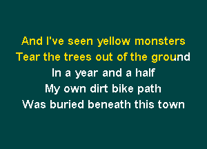 And We seen yellow monsters
Tear the trees out of the ground
In a year and a half

My own dirt bike path
Was buried beneath this town