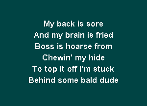 My back is sore
And my brain is fried
Boss is hoarse from

Chewin' my hide
To top it off Pm stuck
Behind some bald dude