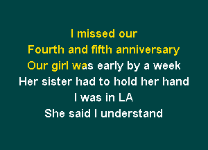 I missed our
Fourth and fifth anniversary
Our girl was early by a week

Her sister had to hold her hand
I was in LA
She said I understand