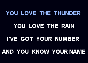 YOU LOVE THE THUNDER

YOU LOVE THE RAIN

I'VE GOT YOUR NUMBER

AND YOU KNOW YOUR NAME