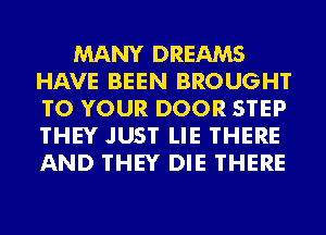 MANY DREAMS
HAVE BEEN BROUGHT
TO YOUR DOOR STEP
THEY JUST LIE THERE
AND THEY DIE THERE