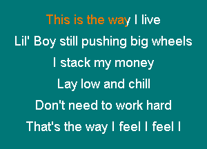 This is the way I live
LiI' Boy still pushing big wheels
I stack my money
Lay low and chill
Don't need to work hard

That's the way I feel I feel I