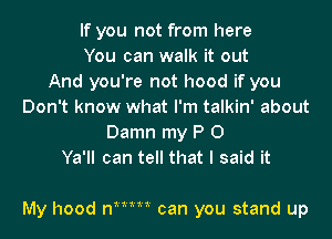 If you not from here
You can walk it out
And you're not hood if you
Don't know what I'm talkin' about
Damn my P 0
Ya'll can tell that I said it

My hood n1mm can you stand up