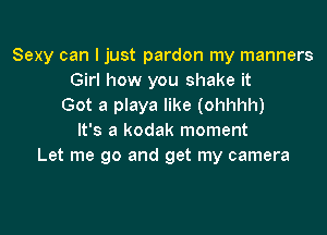 Sexy can I just pardon my manners
Girl how you shake it
Got a playa like (ohhhh)

It's a kodak moment
Let me go and get my camera