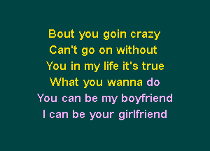 Bout you goin crazy
Can't go on without
You in my life it's true

What you wanna do
You can be my boyfriend
I can be your girlfriend