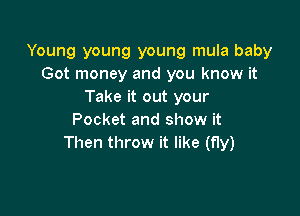 Young young young mula baby
Got money and you know it
Take it out your

Pocket and show it
Then throw it like (fly)