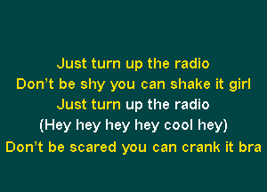 Just turn up the radio
Don t be shy you can shake it girl
Just turn up the radio
(Hey hey hey hey cool hey)

Don t be scared you can crank it bra