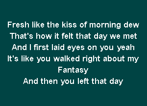 Fresh like the kiss of morning dew
That's how it felt that day we met
And I first laid eyes on you yeah

It's like you walked right about my

Fantasy
And then you left that day