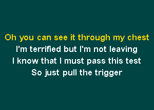 Oh you can see it through my chest
I'm terrified but I'm not leaving

I know that I must pass this test
So just pull the trigger