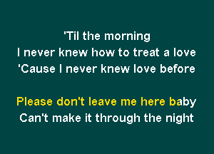 'Til the morning
I never knew how to treat a love
'Cause I never knew love before

Please don't leave me here baby
Can't make it through the night