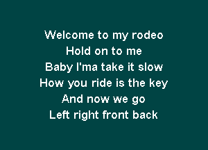 Welcome to my rodeo
Hold on to me
Baby l'ma take it slow

How you ride is the key
And now we go
Left right front back