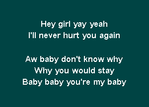 Hey girl yay yeah
I'll never hurt you again

Aw baby don't know why
Why you would stay
Baby baby you're my baby