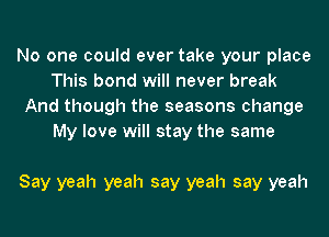 No one could ever take your place
This bond will never break
And though the seasons change
My love will stay the same

Say yeah yeah say yeah say yeah