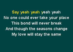 Say yeah yeah yeah yeah
No one could ever take your place
This bond will never break
And though the seasons change
My love will stay the same